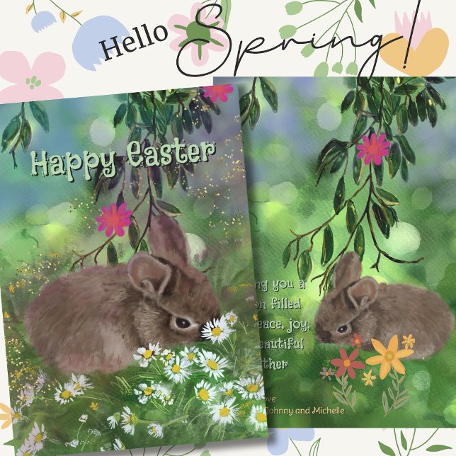 Cartão De Festividades Pintado com a Mão do Coelhinho das Aquarelas (Watercolor Daisy Bunny Hand Painted Holiday Card)