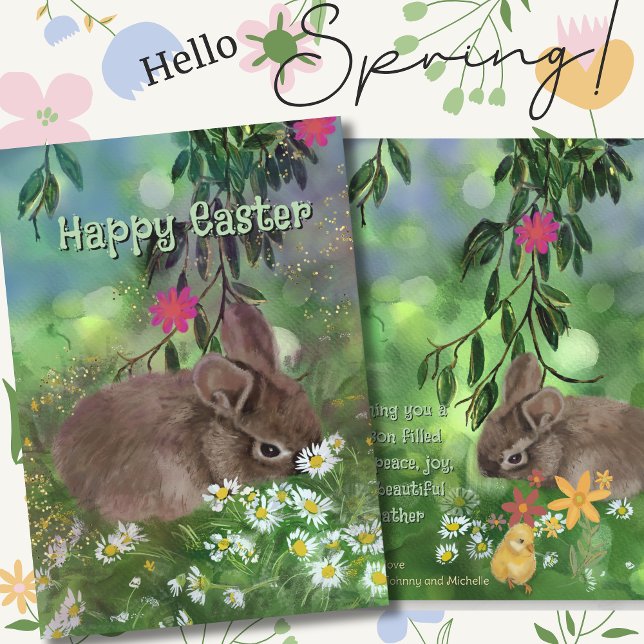 Cartão De Festividades Pintado com a Mão do Coelhinho das Aquarelas (Watercolor Daisy Bunny Painted Holiday  )