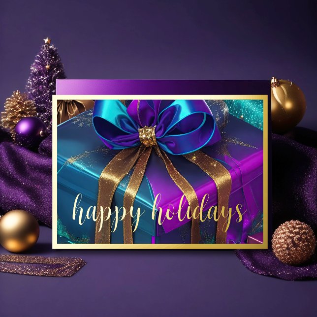 Cartão De Festividades Pintando presentes de Natal roxo azul teal dourado (Criador carregado)