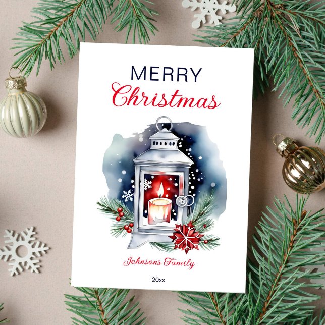 Cartão De Festividades Pintétia da lanterna natalina (Christmas greeting card modern watercolor template digital download lantern with candle poinsettia)