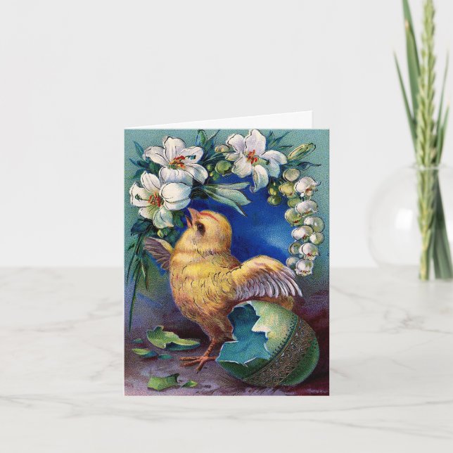 Cartão De Festividades Pintinho, Ovo de Páscoa e Lírios (Frente)