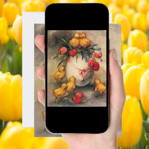 Cartão De Festividades Pintinhos de Páscoa com Flores de Tulipas Vermelha