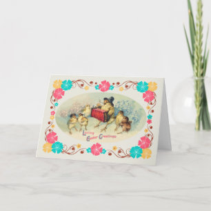 Cartão De Festividades Pintinhos Musicais da páscoa com Borda Floral