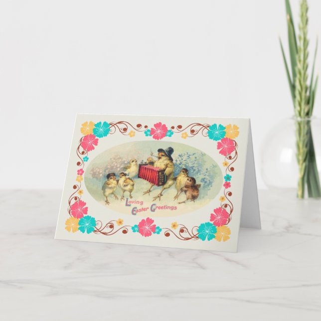 Cartão De Festividades Pintinhos Musicais da páscoa com Borda Floral (Frente)