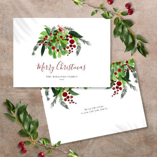 Cartão De Festividades Pintura aquarela Verde Bagas Vermelhas Script Nata