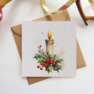 Cartão De Festividades Pintura de folhas e bagas de azevinho de vela de N