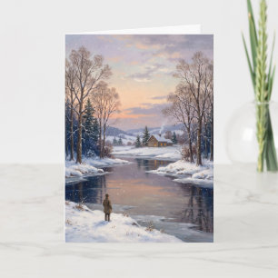Cartão De Festividades Pintura de Natal de Cabana e Rio de Inverno de 190