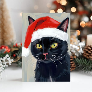 Cartão De Festividades Pintura de Natal de Gato Preto com Chapéu de Papai