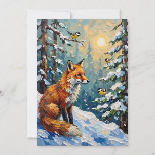 Cartão De Festividades Pintura de Natal Raposa Vermelha Vintage e Chapins