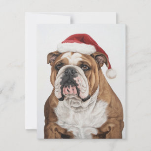 Cartão De Festividades Pintura do Bulldog Estoico com Chapéu de Papai Noe
