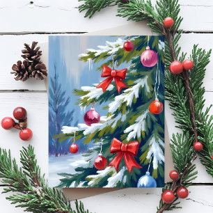 Cartão De Festividades Pintura em Aquarela da Árvore de Natal