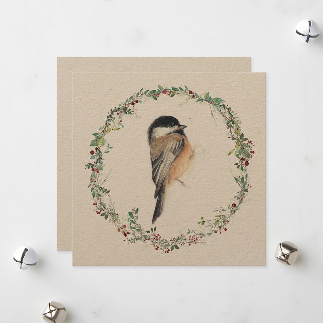 Cartão De Festividades Pintura em Aquarela de Picado de Feriado (Holiday Chickadee Watercolor Painting from Jenn's Emporium.)