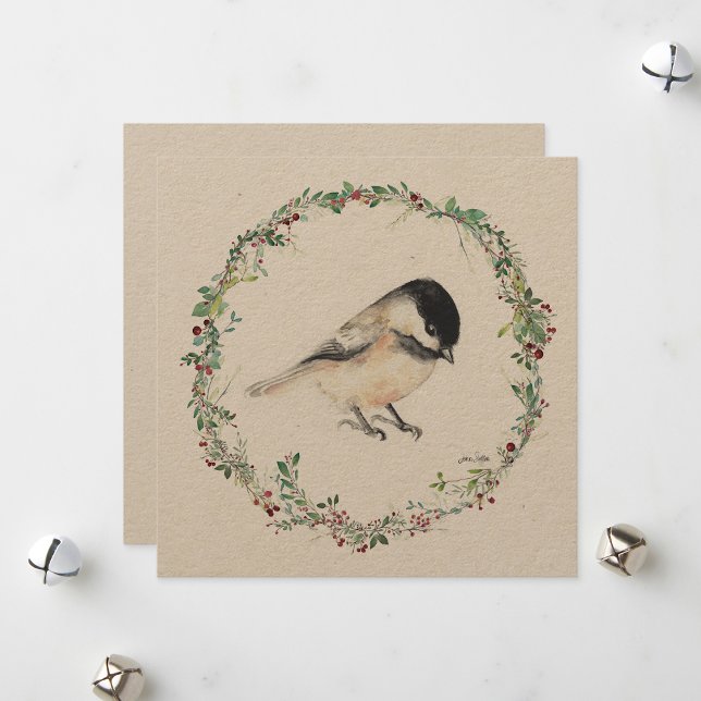 Cartão De Festividades Pintura em Aquarela de Picado de Feriado (Holiday Tiny Chickadee Watercolor Painting from Jenn's Emporium. )