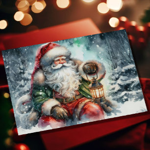 Cartão De Festividades Pintura em Aquarela Papai Noel na Floresta Nevada