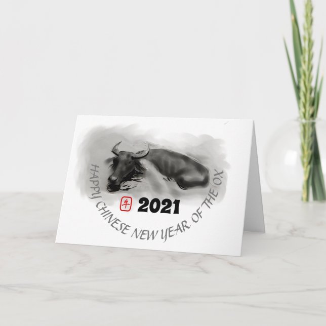 Cartão De Festividades Pintura Original Água Búfalo Ox Ano Novo GC (Frente)