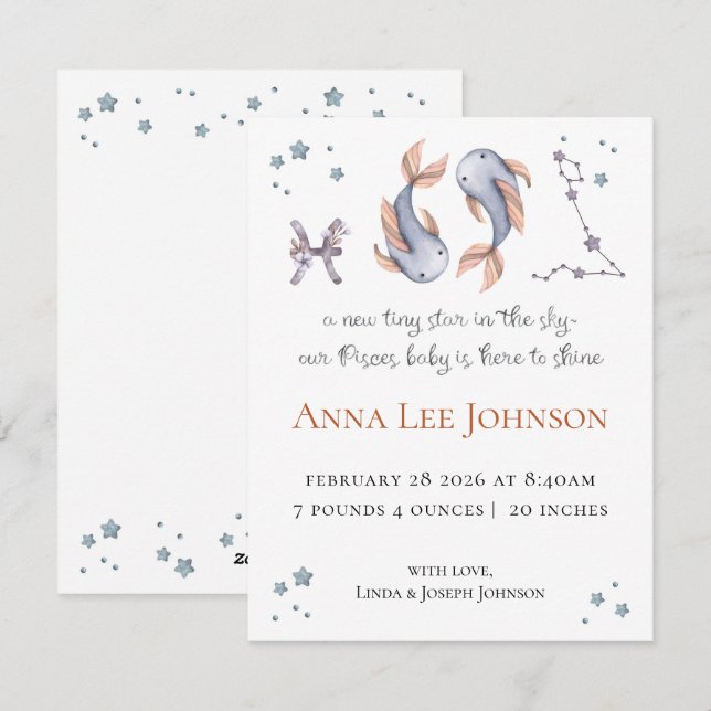 Cartão De Festividades Pisces Zodiac Birth Announcement (Frente/Verso)