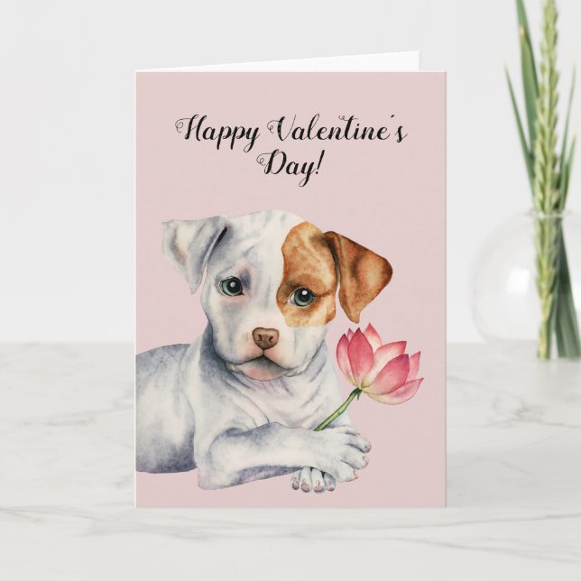 Cartão De Festividades Pit Bull Dog Holding Pink Flower | Valentine's (Frente)
