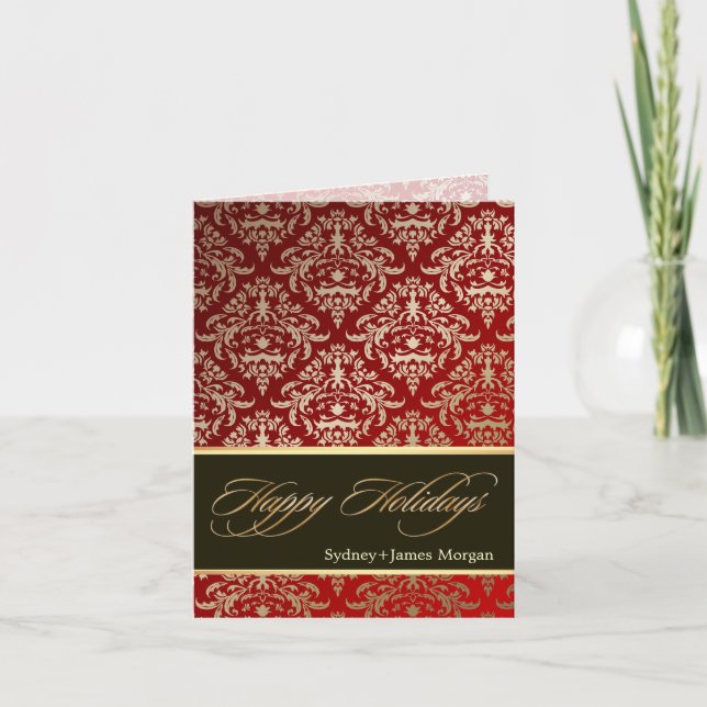 Cartão De Festividades PixDezines Céline Damask, Faux Gold Happy Holidays (Frente)