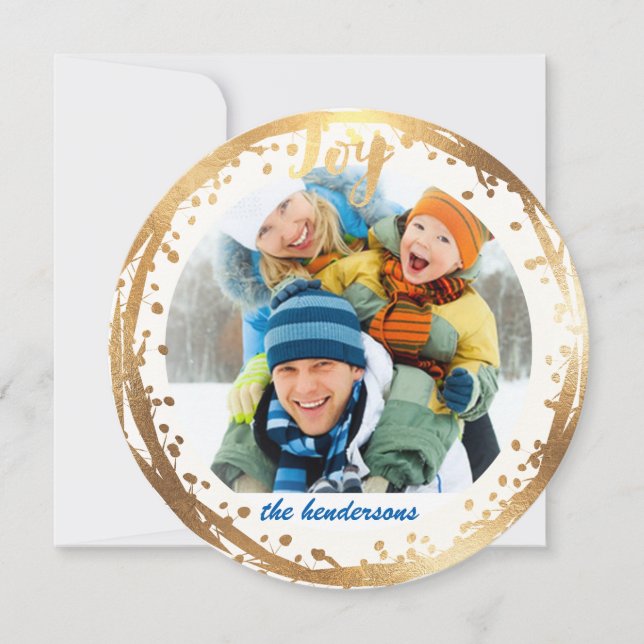 Cartão De Festividades PixDezines joy, faux gold wreath/cartões de natal (Frente)