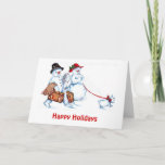 Cartão De Festividades Placa de Casal Snowman<br><div class="desc">Esta imagem divertida de um casal de boneco de neve com seu cachorro que vai ficar com a família durante o período de Natal faz uma ilustração muito bonita para um cartão de Natal.</div>