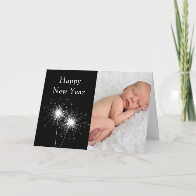 Cartão De Festividades Placa de feliz ano novo com fotografia (Frente)