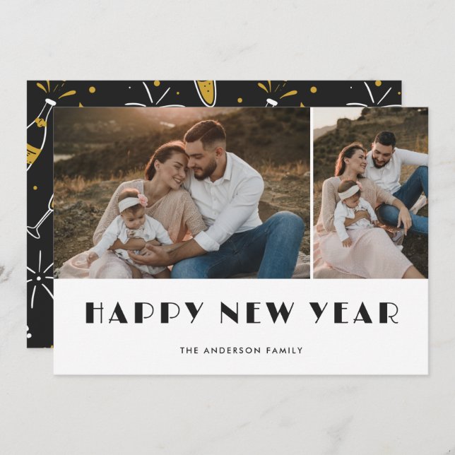 Cartão De Festividades Placa de Feliz ano novo de Champanhe e Óculos (Frente/Verso)