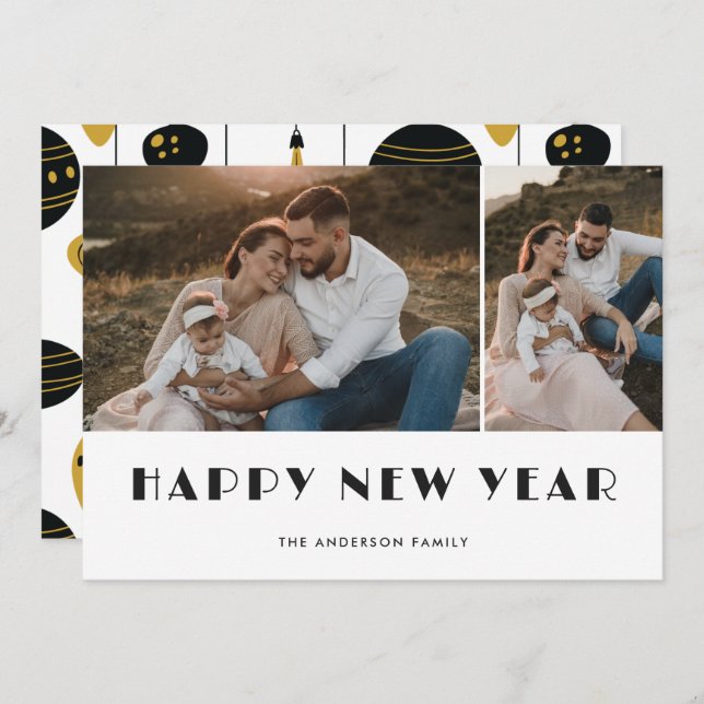 Cartão De Festividades Placa de Feliz ano novo de fotos de enfeites de na (Frente/Verso)