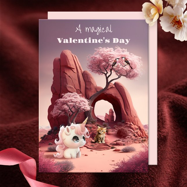 Cartão De Festividades Placa de Feliz dia de os namorados Magical Surreal (A magical surreal Valentines card showing a cute kitty in a pink desert with a unicorn and love bird)