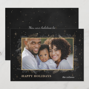 Cartão De Festividades Placa de Feriado de Foto Sparkle Dourada Preta