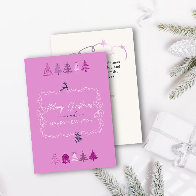 Cartão De Festividades Placa de Feriado Pastel Lavander, Doodle Doodle ar (Festive Bow & Chic Trees Doodle Pastel Lavander Holiday Card)