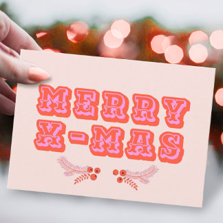 Cartão De Festividades Placa de férias planas X-Mas, cor-de-rosa + Feliz