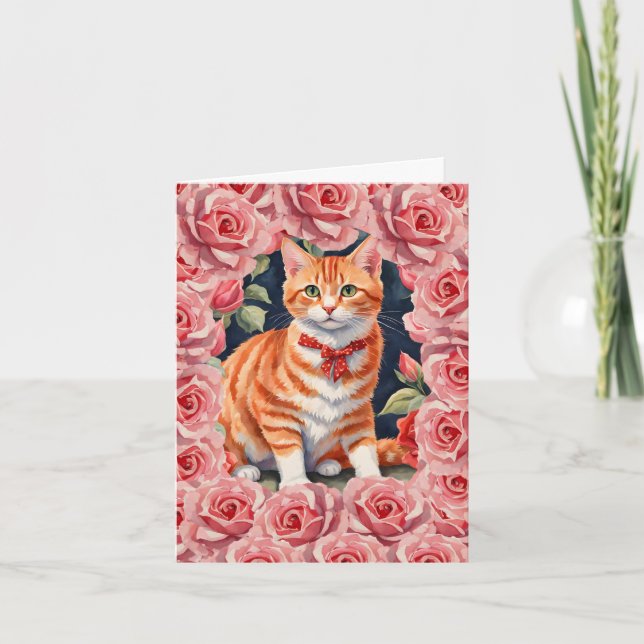 Cartão De Festividades Placa de Namorados Floral Laranja Tabby Cat Meow-t (Frente)