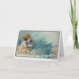 Cartão De Festividades Placa de natais vintages Anjo Feliz ano novo