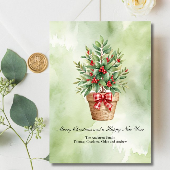 Cartão De Festividades Placa de Natal Personalizada - Berries Vermelhos (Christmas Holiday Personalized Card with Laurel and Red Berries in a Wicker Basket Digital Download)