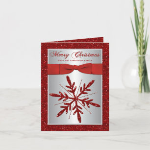 Cartão De Festividades Placa de Natal Silver, Red Glitter Snowflake
