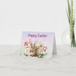 Cartão De Festividades Placa de Páscoa de Aquarela com Coelhinhos e Flore