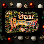 Cartão De Festividades Placa de saudação de Natais vintages ornamentados<br><div class="desc">Richly embelezou a saudação de Natal com o texto do ornamentado em uma faixa decorada com flores e folhas sagradas e cortadas,  e um cardeal sobre fundo preto. O texto dentro é personalizável.</div>
