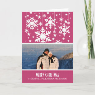 Cartão De Festividades Placa de Saudação Fotográfica Pink Snowflakes Star