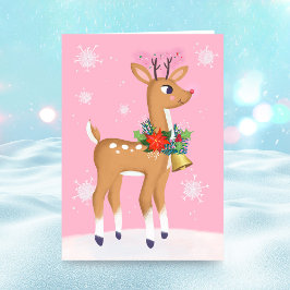 Cartão De Festividades Placa dobrada Retro Rudolph Reindeer de Natal rosa