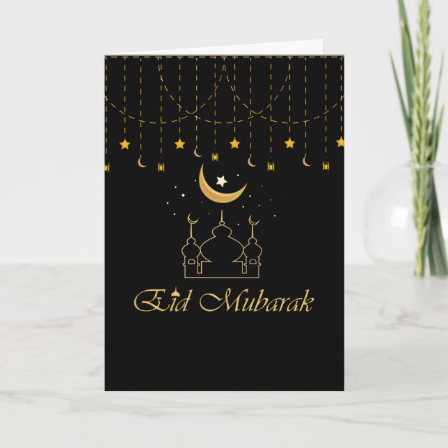 Cartão De Festividades Placa Eid Mubarak Preta e Dourada (Frente)