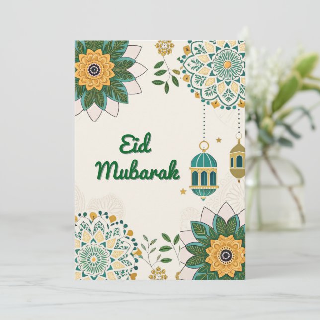 Cartão De Festividades Placa Elegante Eid Mubarak com Lanternas e Floral (Em pé/Frente)