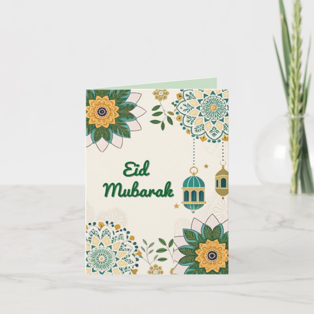 Cartão De Festividades Placa Elegante Eid Mubarak com Lanternas e Floral (Frente)
