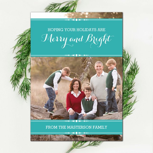 Cartão De Festividades Placa Plana de Foto de Feriado Chico Teal Simplesm (Teal Simply Chic Holiday Photo Card)