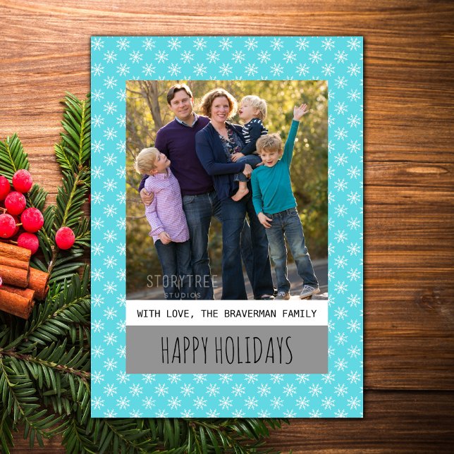 Cartão De Festividades Placa Plana de Foto de Feriado de Neve Simples Tur (Turquoise Simple Snowflake Holiday Photo Card)