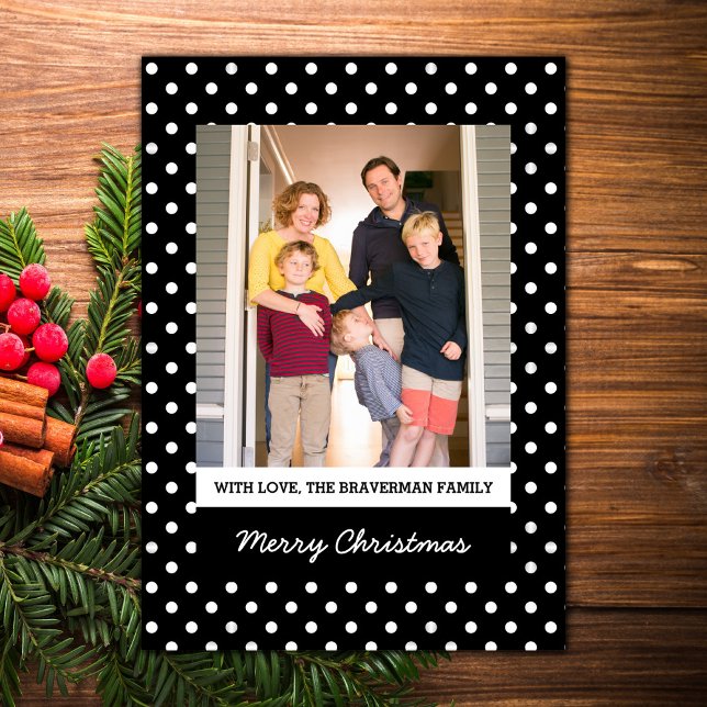 Cartão De Festividades Placa plana de fotos de feriado de Bolinhas doce p (Black Sweet Polka Dot Holiday Photo Card)
