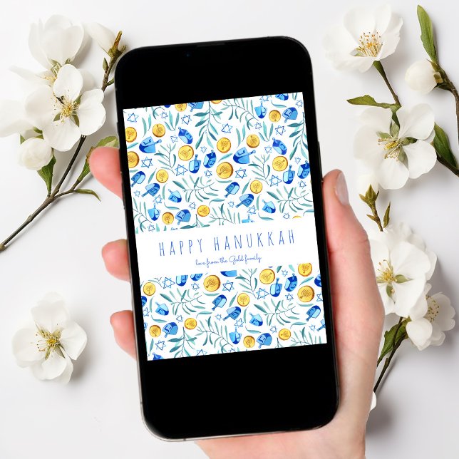 Cartão De Festividades Placa Sem Árvore de Aquarela Feliz Driedel Hanukka (Criador carregado)