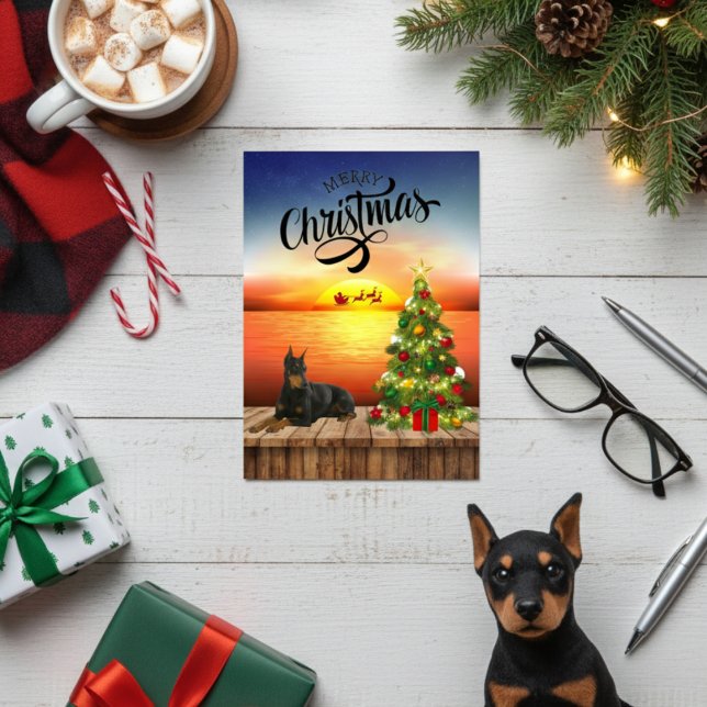 Cartão De Festividades Placa Sunset de Natal Doberman (Doberman Christmas Sunset Card)
