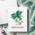 Cartão De Festividades Placas de Natal com Aquarelas Tropicais Beach Dobr<br><div class="desc">Estas cartas de Natal dobradas na praia tropical apresentam uma palmeira exótica inspirada na ilha e Papais noeis de férias bonitos. As palavras "Feliz Beach-mas" são definidas em letra de mão. A carta abre para revelar uma cor vermelha rica de morango. Use os campos modelo para adicionar sua saudação personalizada....</div>