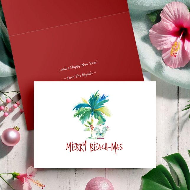 Cartão De Festividades Placas de Natal com Aquarelas Tropicais Beach Dobr (Tropical beach folded Christmas cards palm tree and Santa art Victoria Grigaliunas beachmas)