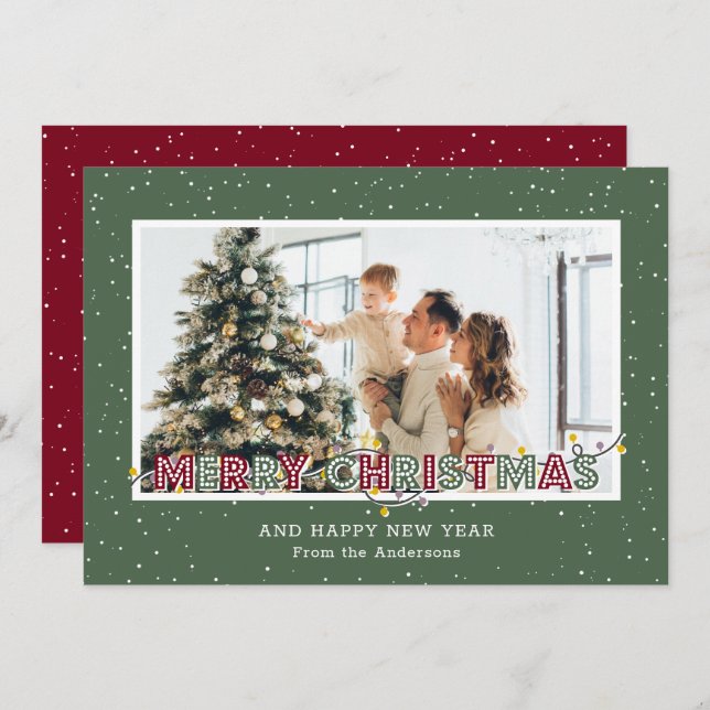 Cartão De Festividades Placas de Natal com Luzes Verdes Vermelhas Retro L (Frente/Verso)